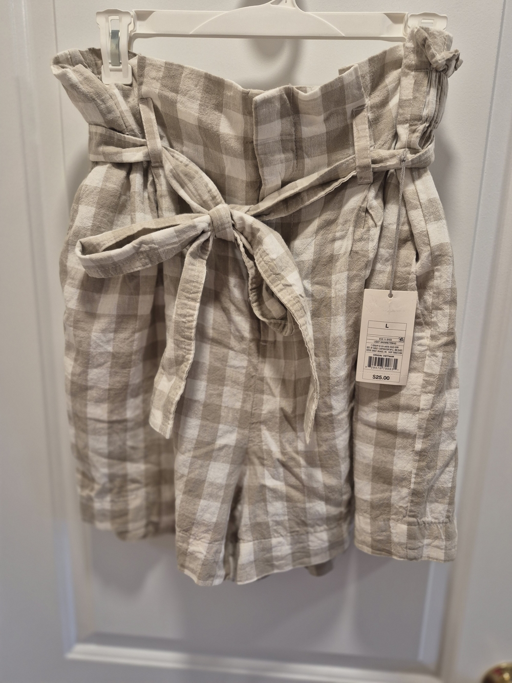 a new day Beige & White Check Paperbag Waist Shorts with Tie